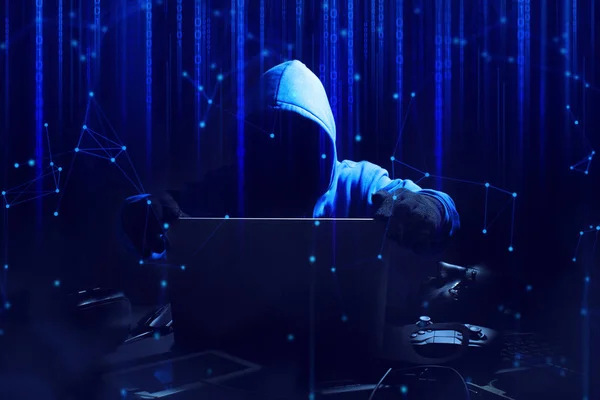 Hacker Man Teroris Dengan Virus Serangan Komputer Sistem Jaringan Server — Stok Foto