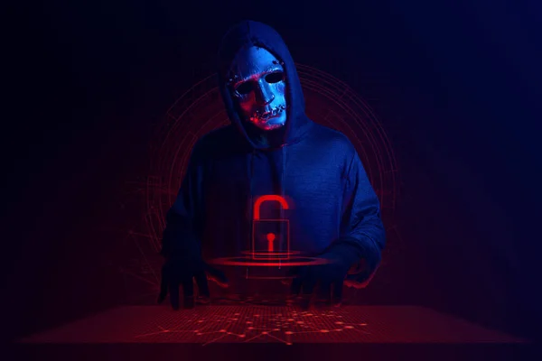 Hacker Man Memakai Masker Teroris Dengan Virus Perampokan Serangan Komputer — Stok Foto