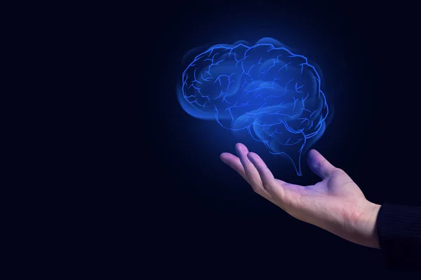 Trzymanie Ręki Człowieka Pływającym Elektrycznym Cyfrowego Systemu Danych Holograficzny Mózg — Zdjęcie stockowe