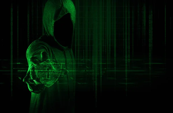 Hacker Man Dragen Masker Terrorist Met Virus Computer Aanval Overval — Stockfoto