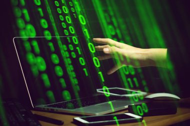 hacker el ve kodlama ai bilgisayar ikili dijital ağ sunucusu piksel, alan odağı derinliği, veri işleme çevrimiçi internet sistemi konsepti ile ekran monitörüne yakın çekim