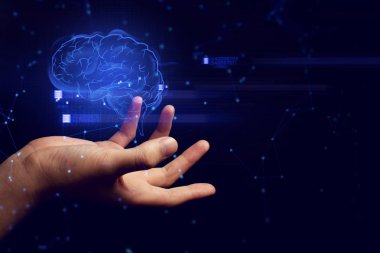 İnternet sosyal ağ sunucusu güvenliğinde gizlilik kavramı için internet üzerinden ai beyin depolama hologramının yüzen dijital verilerine sahip iş adamı eli