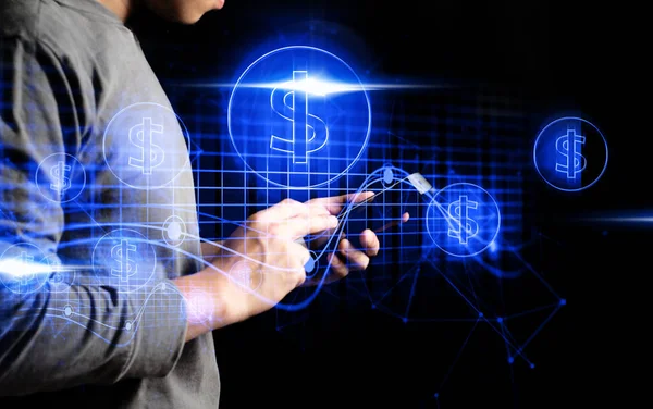 Libra bitcoin parası kripto para ticareti iş uygulaması konsepti için sosyal ağa bağlı ai veri ile el dijital varlık riski finansal