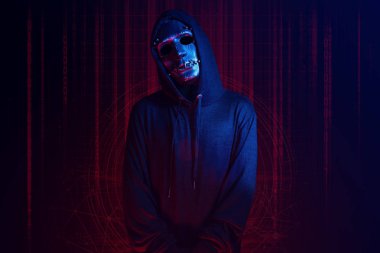 hacker adam veri internet güvenliği hack ai kavramı sunucu ağ sistemi online virüs bilgisayar saldırısı ile maske terörist giymek