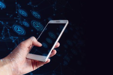 veri güvenliği güvenlik bulut depolama ai ile sosyal ağ internet dijital bağlanmak için ekran akıllı telefon cihazında işadamı el parmak dokunmatik