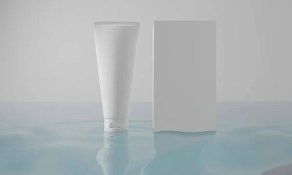 beauty treatment medical skincare cosmetic lotion cream mockup packaging in water wave sea, 3d illustration rendering