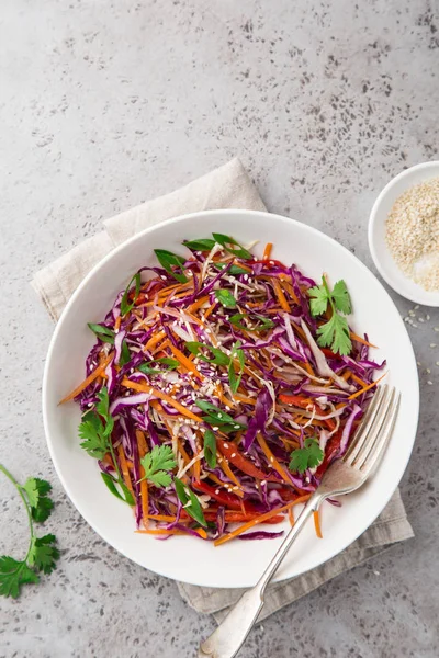 Rotkohl Karotten Paprika Salat Gesunder Veganer Salat Weißer Schüssel Draufsicht — Stockfoto