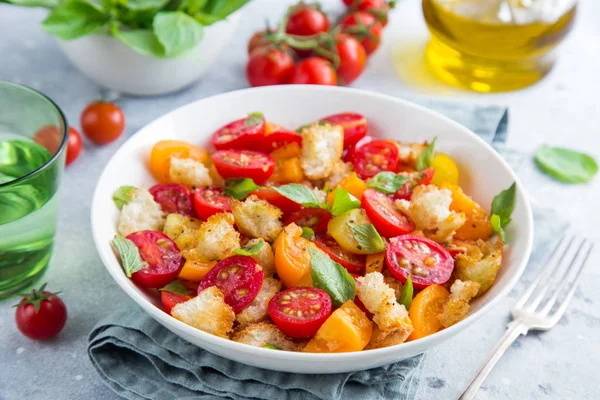 Panzanella Tomate Italiano Tradicional Salada Pão Tigela Branca Foco Seletivo — Fotografia de Stock