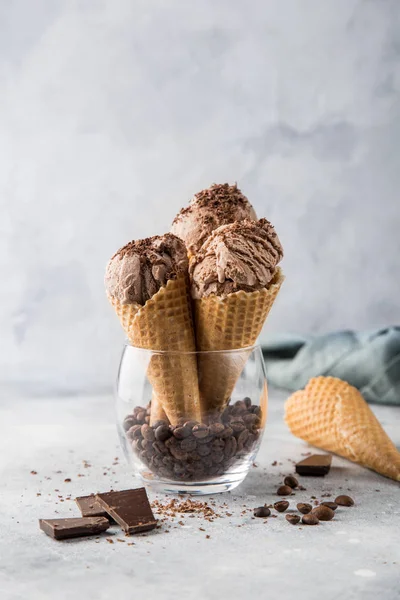 Chocolate Ice Cream Waffle Cones Selective Focus — Stock Photo, Image