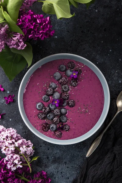 Finom Blueberry Smoothie Tál Fagyasztott Bogyók Egészséges Vegán Nyers Étel — Stock Fotó