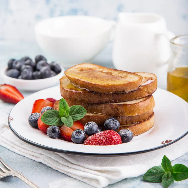 Stack French Toasts Fresh Berries Honey Breakfast Selective Focus Square — Stock Photo, Image
