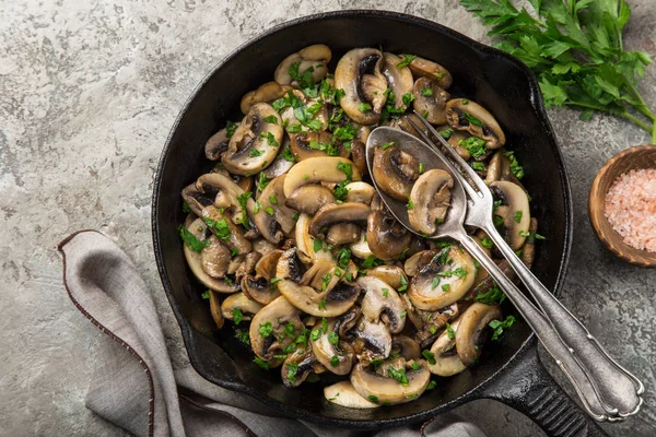 Fried Champignon Mushrooms Cast Iron Pan Top View — Stock Photo, Image