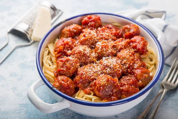 Spaghetti Pasta Meatballs Tomato Sauce Selective Focus — Stock Photo, Image