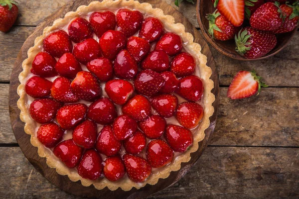 Delicious Strawberry Tart Wooden Background Top View — Stock Photo, Image