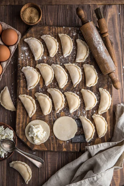 Gnocchi Fiocchi Latte Fatti Casa Crudi Sfondo Legno Vista Dall — Foto Stock