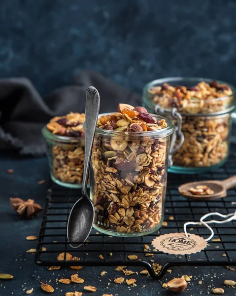 Hausgemachtes Müsli Haselnüsse Rosinen Getrocknete Preiselbeeren Kürbis Sesam Und Sonnenblumenkerne — Stockfoto