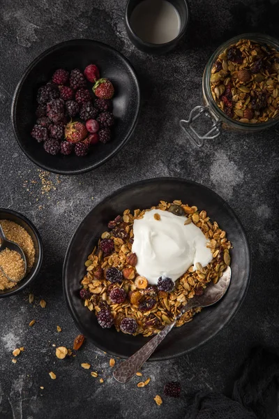 Hausgemachtes Müsli Haselnüsse Rosinen Getrocknete Preiselbeeren Kürbis Sesam Und Sonnenblumenkerne — Stockfoto