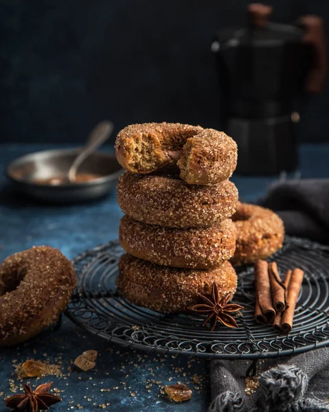 Baked Spacy Donuts Cinnamon Cane Sugar Selective Focus — Stock Photo, Image