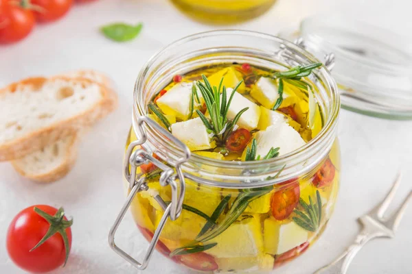 Marinated Feta Cheese Olive Oil Spicy Herbs Garlic Chili Pepper — Stock Photo, Image