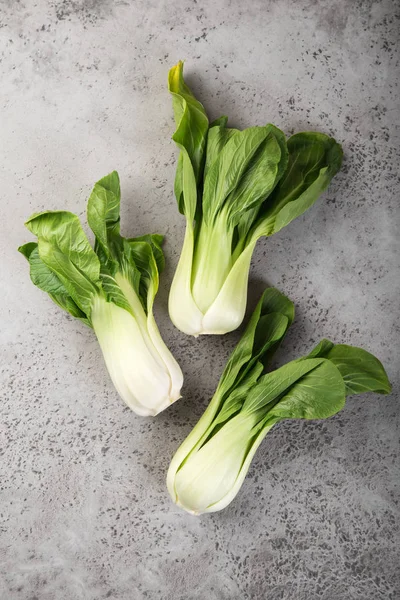 Fresh Pak Choi Cabbage Grey Background Top View — Stock Photo, Image