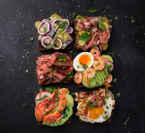 Smorrebrod Traditional Danish Open Sanwiches Dark Rye Bread Different Topping — Stock Photo, Image