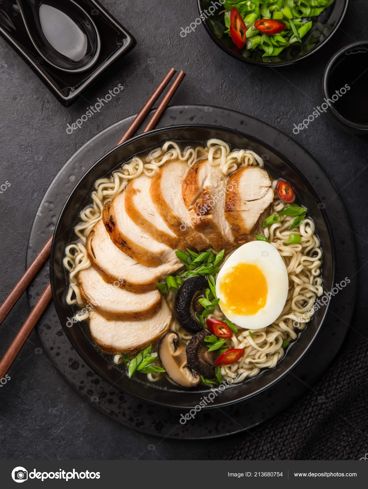 Japanese Ramen Noodle Chicken Shiitake Mushroms Egg Black Bowl Top Stock Photo Image By C Anna Shepulova