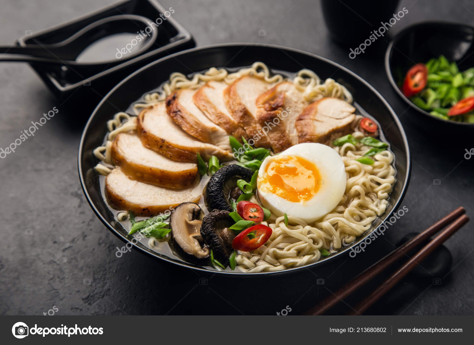 Japanese Ramen Noodle Chicken Shiitake Mushroms Egg Black Bowl