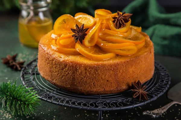 Orangenpolenta Und Mandelkuchen Mit Kandierten Orangenscheiben Selektiver Fokus — Stockfoto