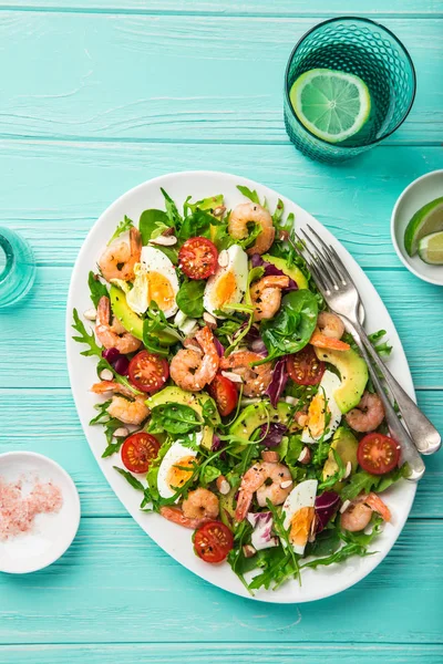 Avocado Tomaten Eier Und Shrimps Salat Ansicht Von Oben — Stockfoto