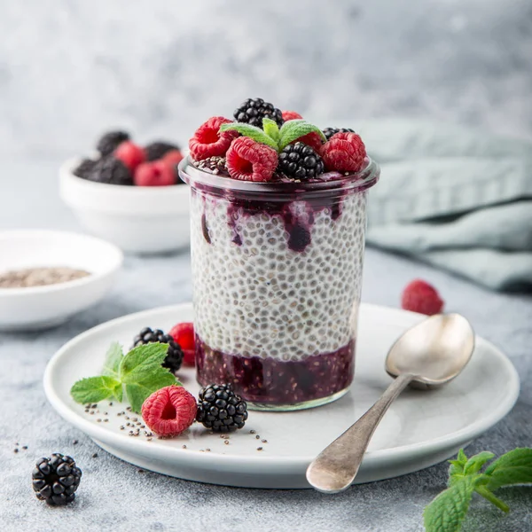 chia seeds pudding with berry sauce and fresh raspberry and blackberry in glass,  selective focus, square image