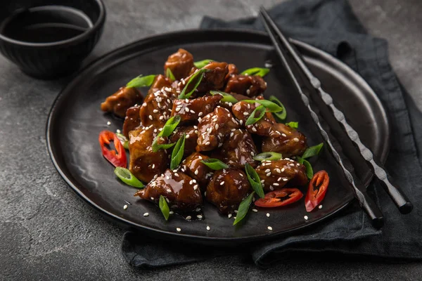 Sweet Sticky Pork Served Chives Sesame Seeds Selective Focus — Stock Photo, Image