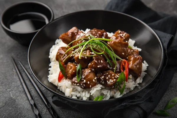 Sweet Sticky Pork Served Boiled Rice Selective Focus — Stock Photo, Image