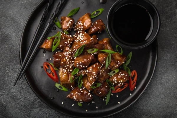 Sweet Sticky Pork Served Chives Sesame Seeds Top View — Stock Photo, Image