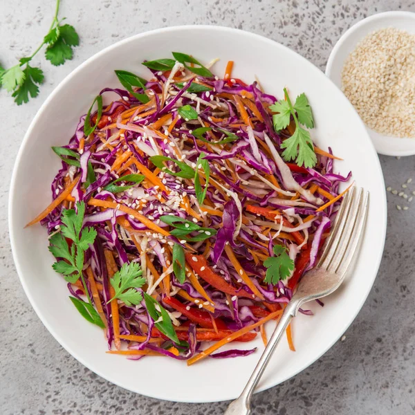 Red Cabbage Carrot Bell Pepper Cole Slow Salad Healthy Vegan — Stock Photo, Image