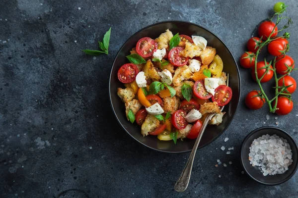 Panzanella Traditionele Italiaanse Tomaat Mozzarella Brood Salade Met Zwarte Bowl — Stockfoto