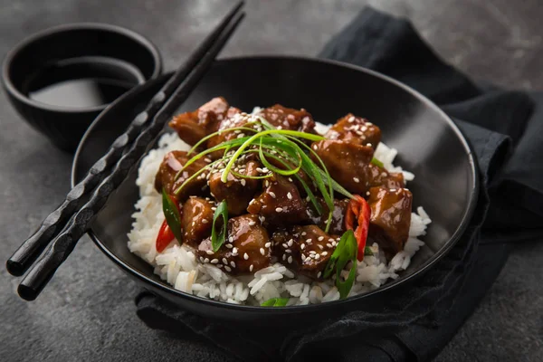 Sweet Sticky Pork Served Boiled Rice Selective Focus — Stock Photo, Image