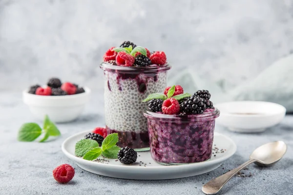 Chia Seeds Pudding Berry Sauce Fresh Raspberry Blackberry Glass Selective — Stock Photo, Image