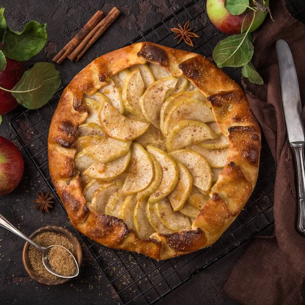 Appel Kaneel Galette Bovenaanzicht Vierkant Plaatje — Stockfoto