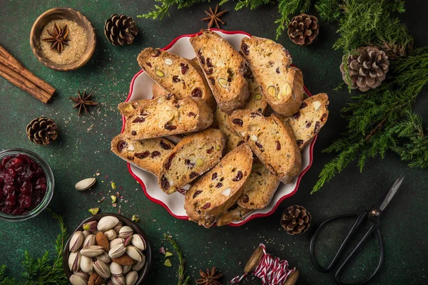 Traditional italian cookies biscotti with dried cranberry and nuts, top view