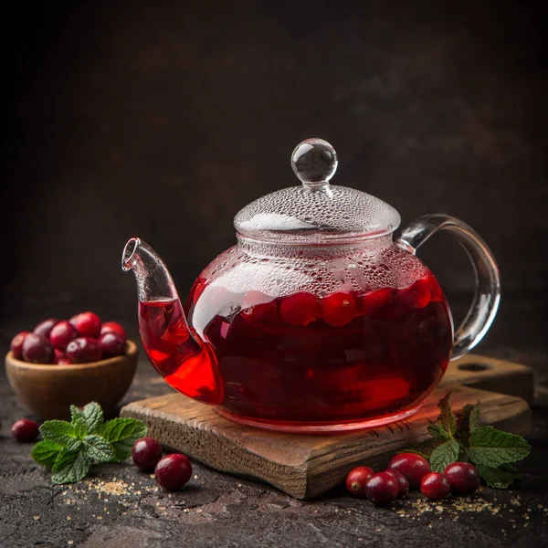 Hot Cranberry Drink Glass Tea Pot Dark Background Selective Focus — Stock Photo, Image