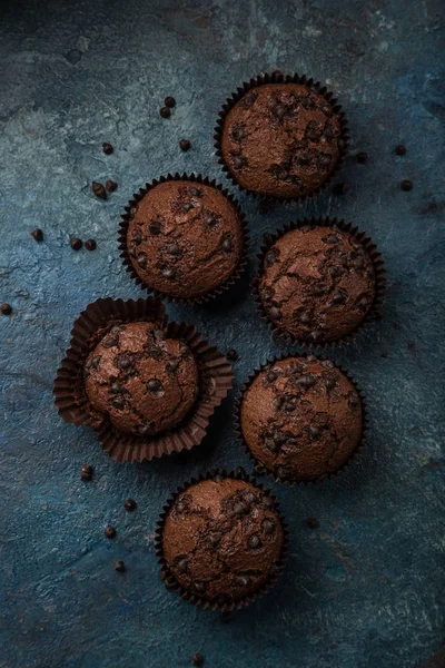 Magdalenas Chocolate Sobre Fondo Azul Oscuro Vista Superior —  Fotos de Stock