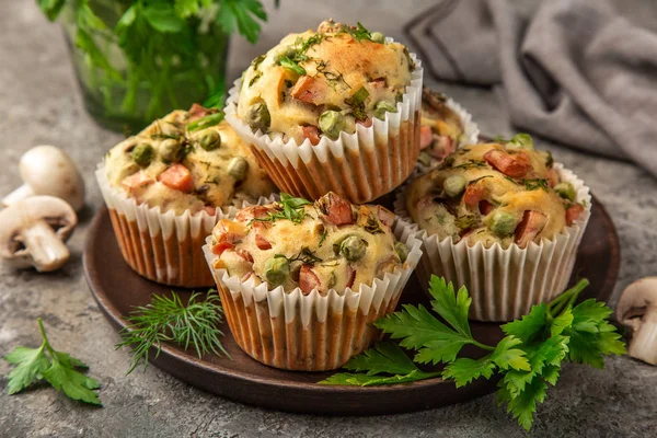 Savory Muffins Mushroom Vegetables Herbs Selective Focus — Stock Photo, Image