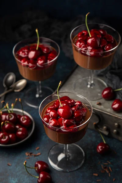 Ízletes csokoládé Panna Cotta desszert édes cseresznye mártással — Stock Fotó