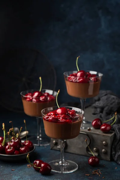 Delizioso dolce al cioccolato Panna Cotta con salsa dolce di ciliegie — Foto Stock