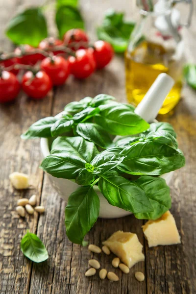 Basilika, parmesanost, pinjenötter och olivolja. pesto ingrediens — Stockfoto