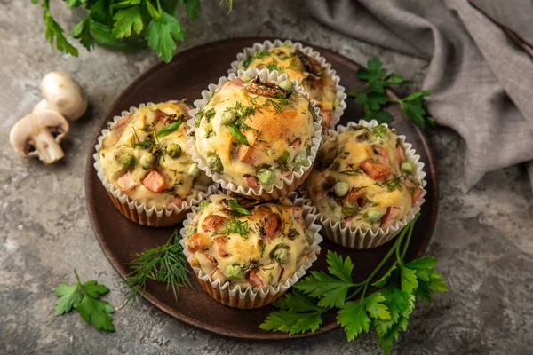 Savory muffins with mushroom,  vegetables and herbs — Stock Photo, Image