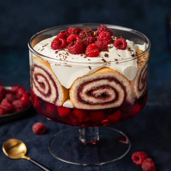 Lampone sciocchezza con gelatina di bacche, torta di rotolo svizzero e c montata — Foto Stock