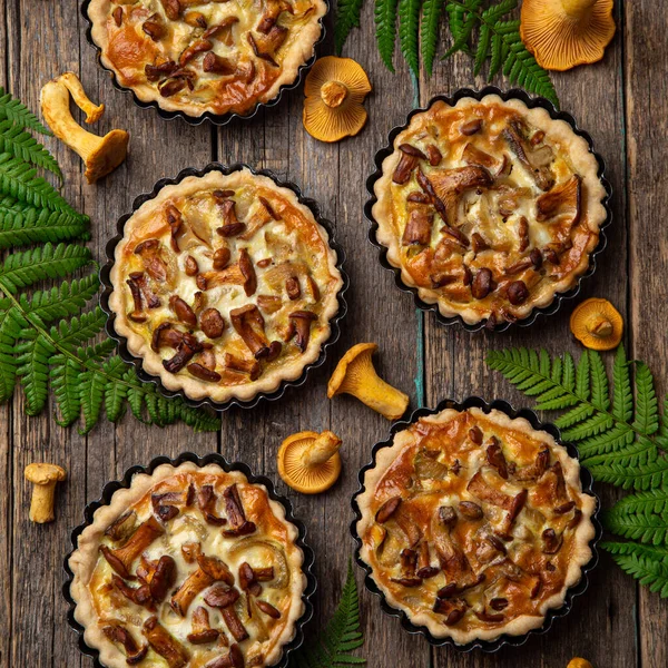 Chanterelle mushrooms tartlets on wooden background — Stock Photo, Image