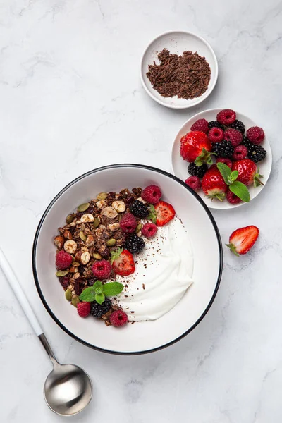 Schokoladen-Müsli mit Joghurt und frischen Beeren in weißer Schüssel — Stockfoto