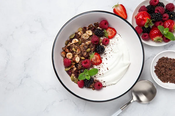 Schokoladen-Müsli mit Joghurt und frischen Beeren in weißer Schüssel — Stockfoto